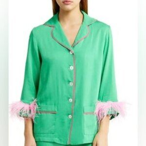 Sleeper Green Pink Party Double Ostrich Feather Pajama Top Shirt Size XS NWT